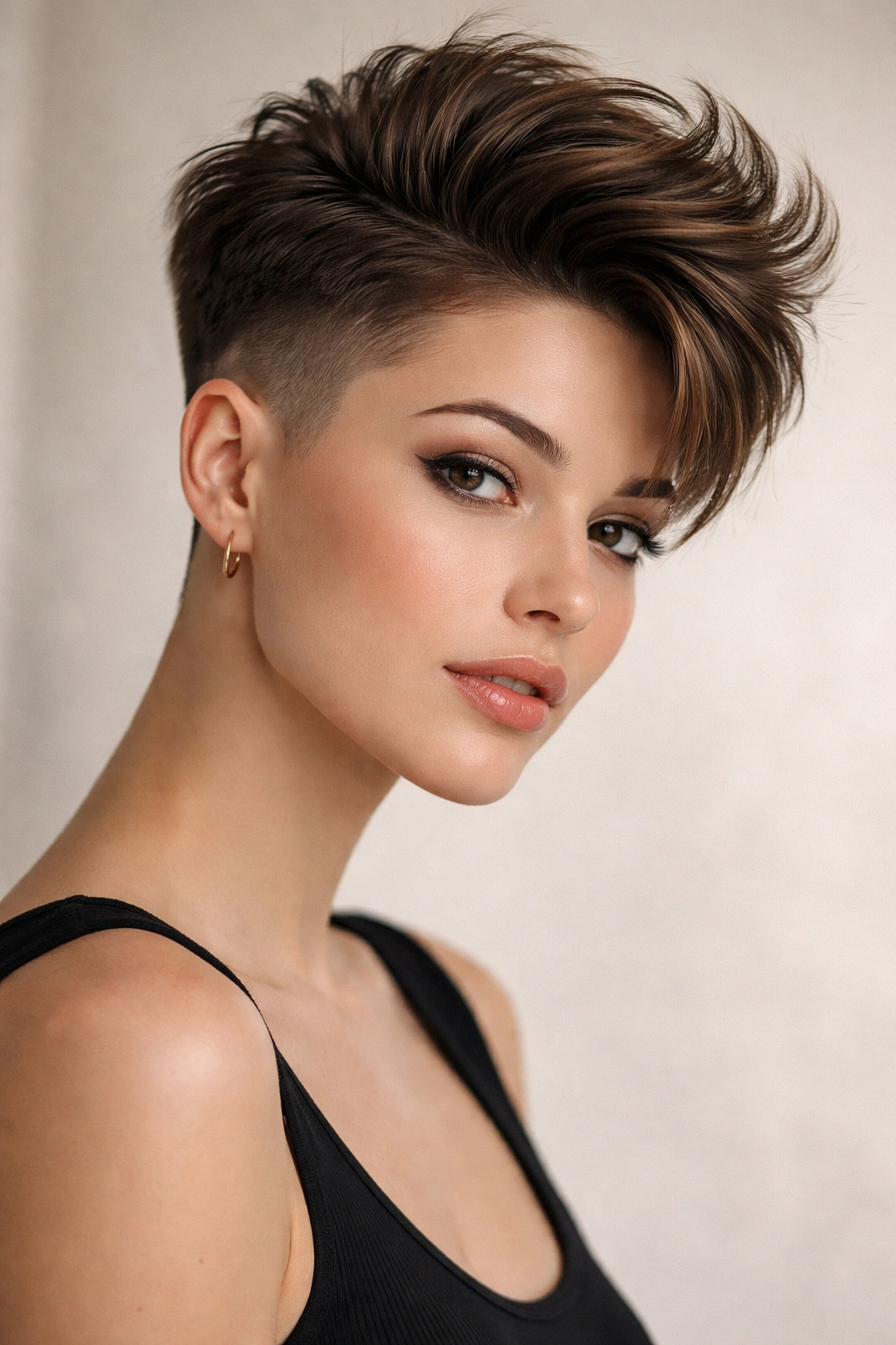 Undercut pixie with longer top showing dramatic contrast between shaved sides and longer crown.