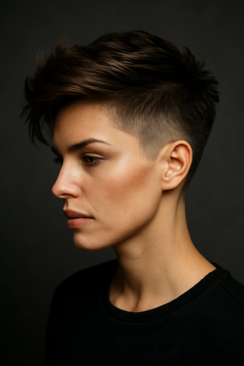 Undercut pixie with very short sides and longer top showing bold contrast.