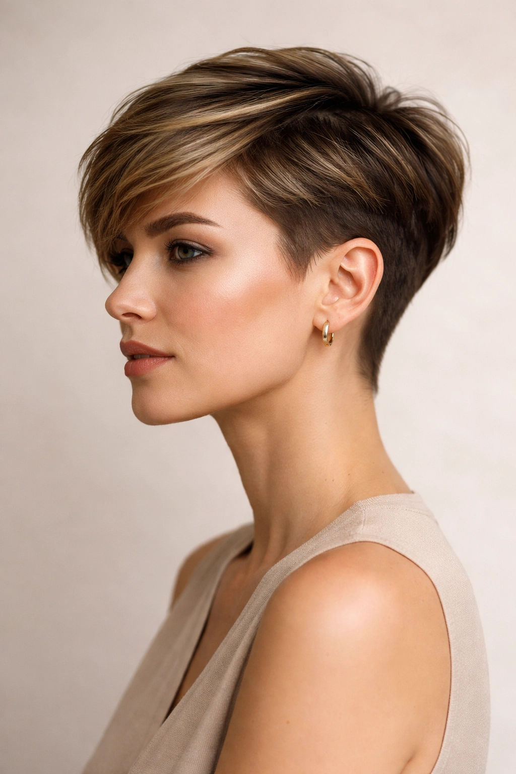 Sophisticated undercut pixie hairstyle with longer top and short sides