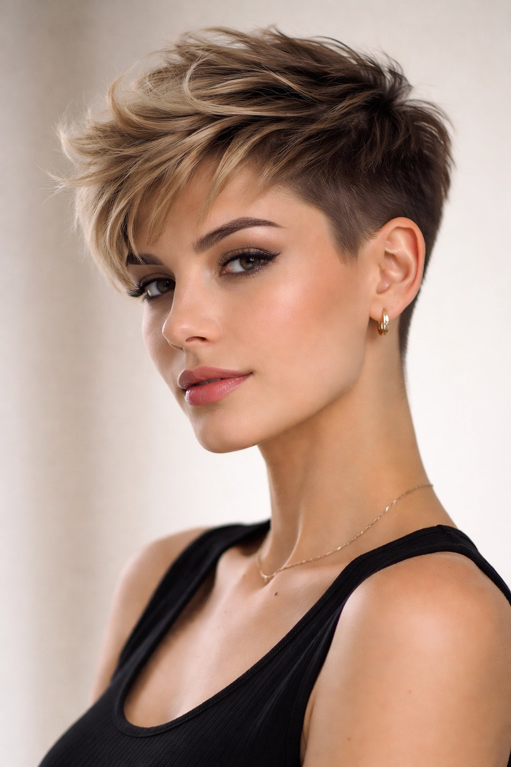 Portrait of a model with an undercut pixie showing a short undercut and textured crown