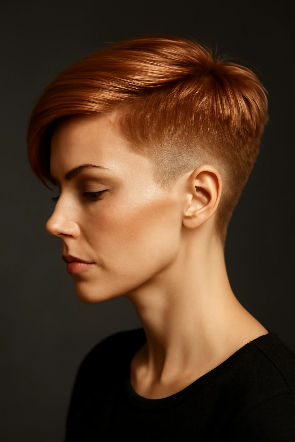 Undercut pixie with longer top in strawberry blonde, side shaved contrast