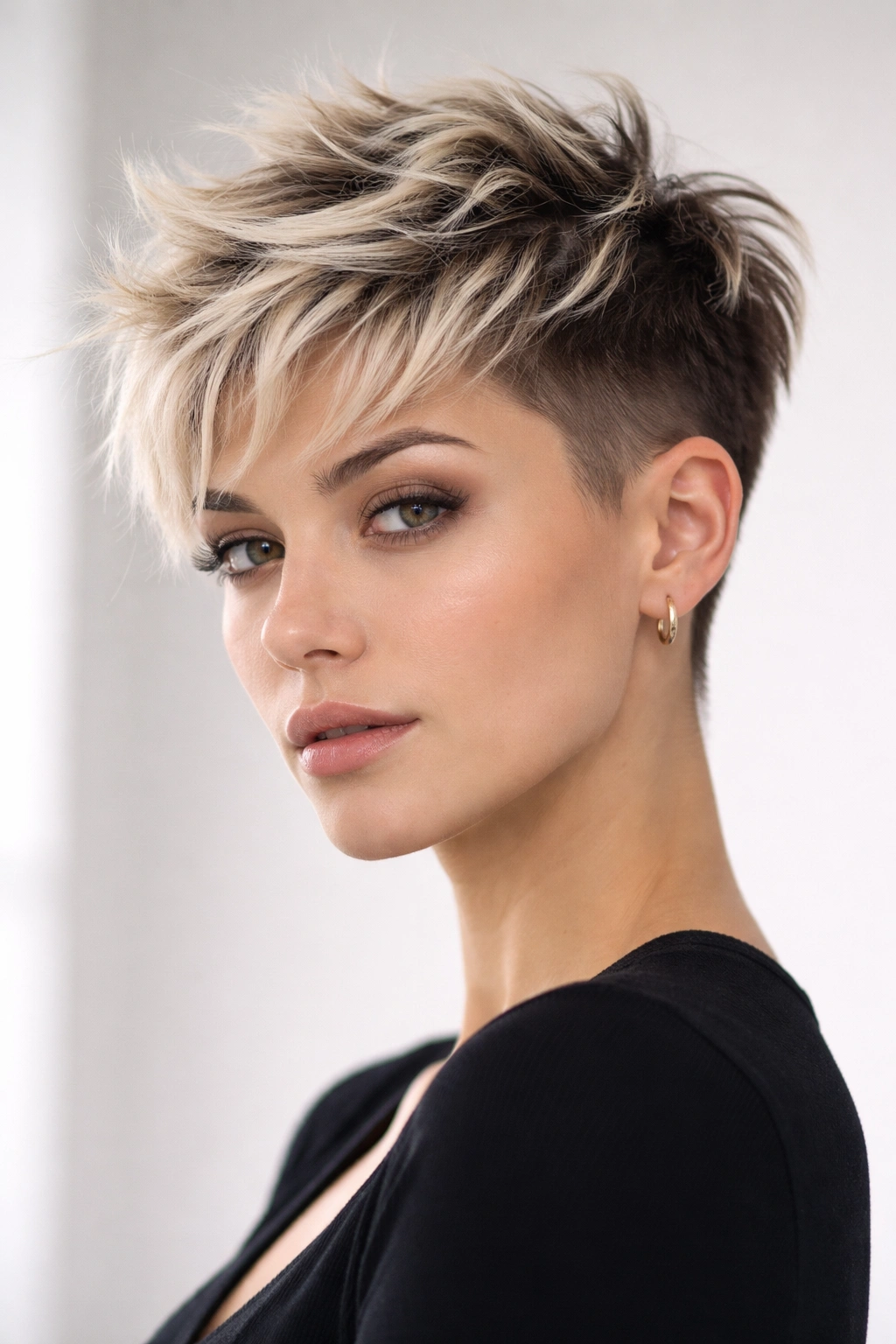 Close-up of a textured undercut pixie with a choppy top.