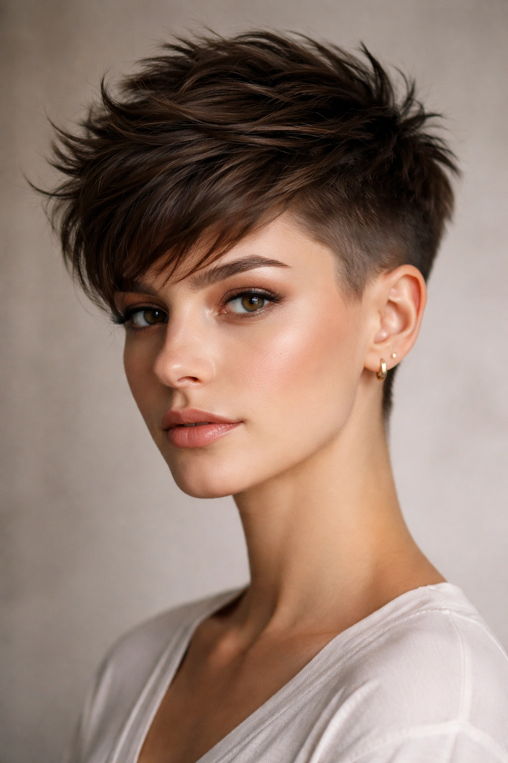 Front view of undercut pixie with short faded sides and textured top