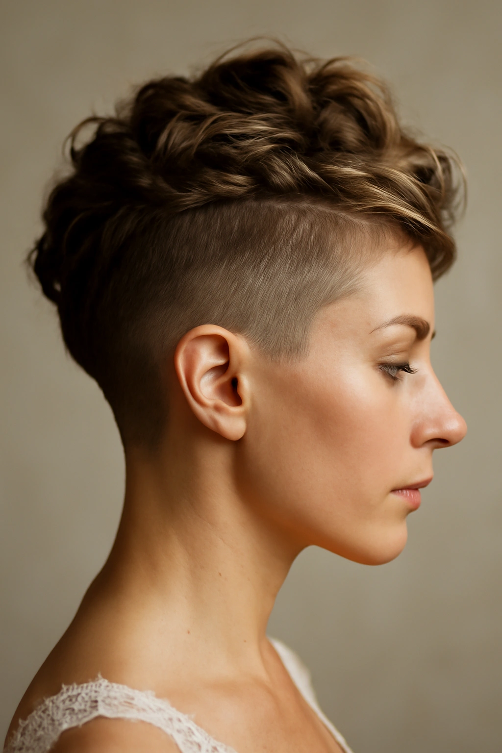 Undercut pixie with an intricate updo and visible shaved sides