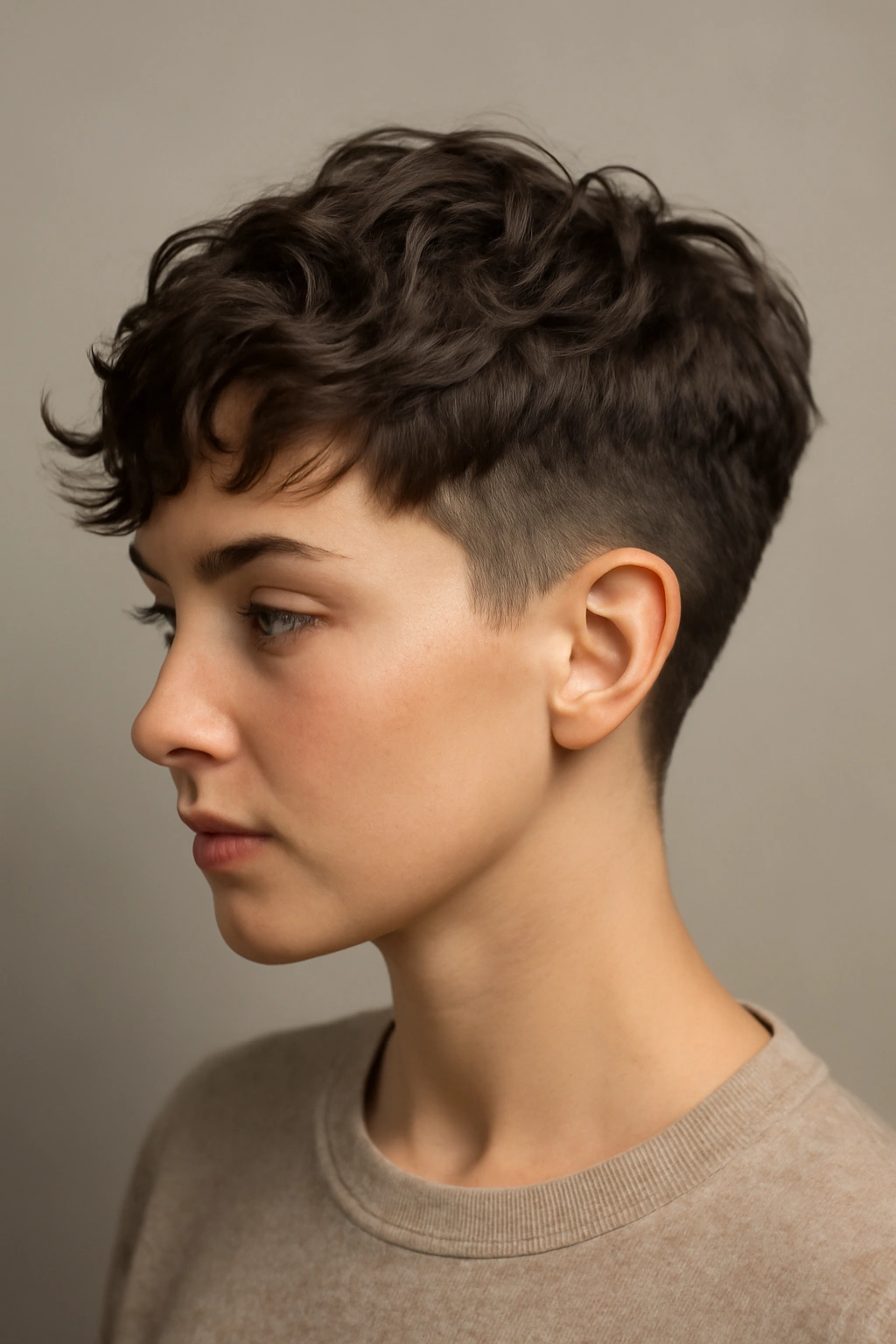 Soft undercut pixie with longer wavy top against a neutral backdrop