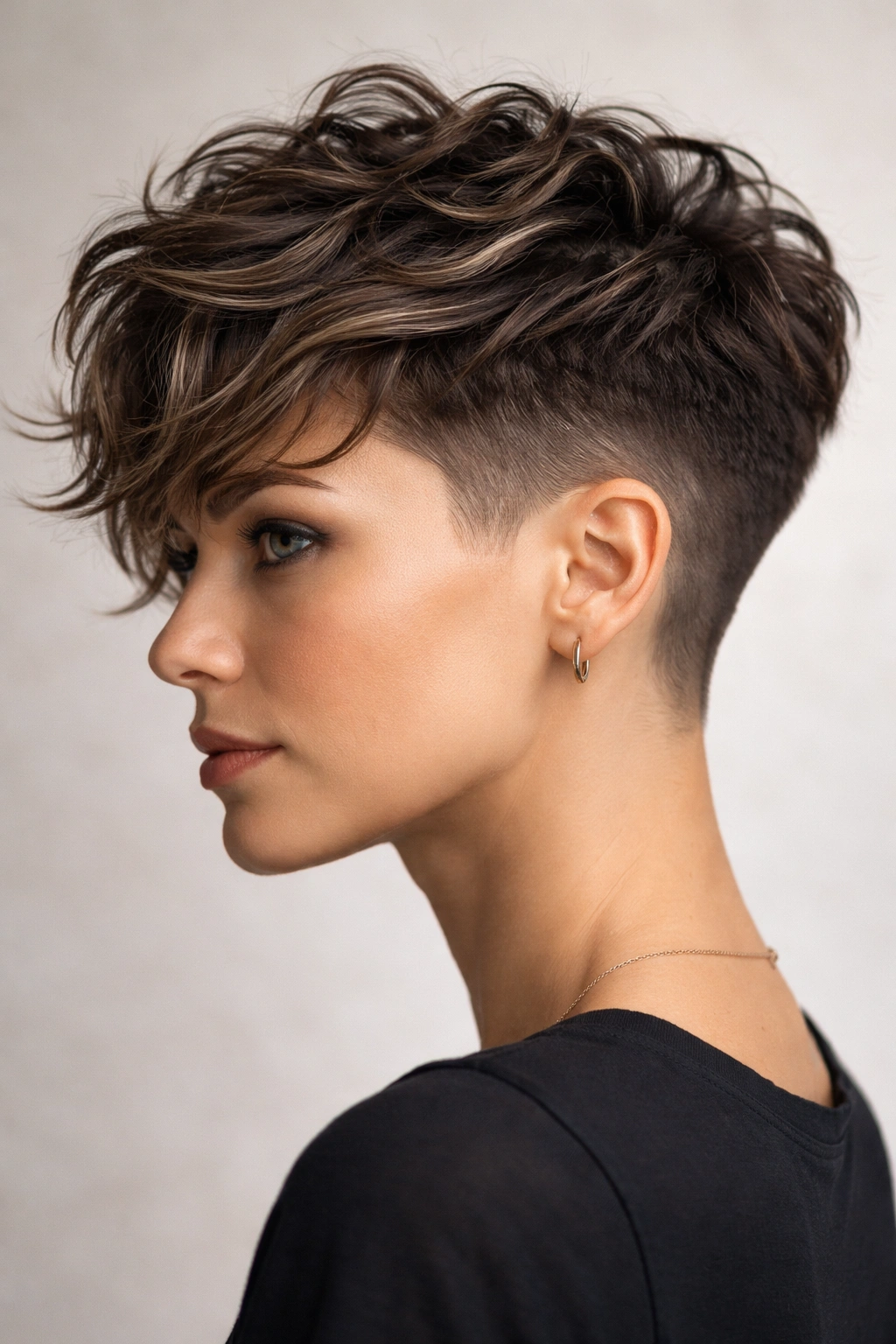 Close-up of a disconnected undercut pixie showing short sides and long textured waves
