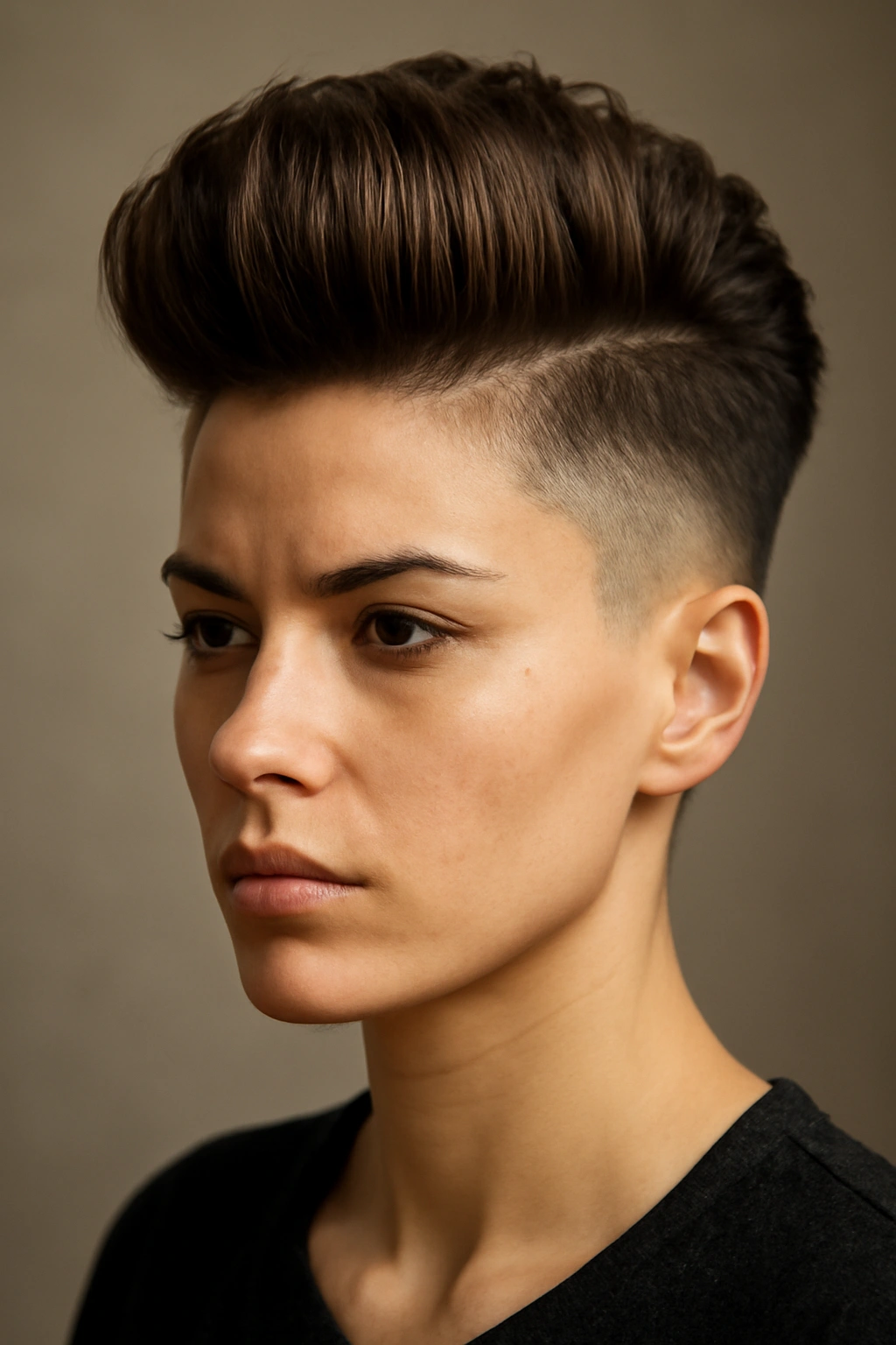 Portrait of an undercut pompadour with shaved sides and tall crown.