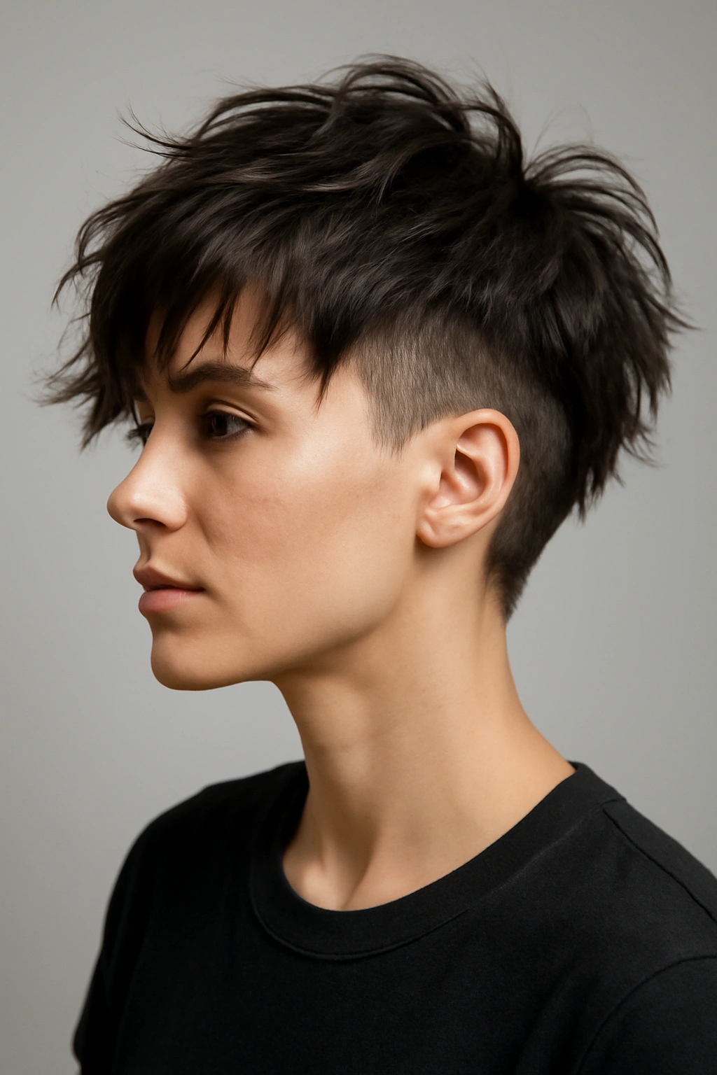 Portrait of a disconnected undercut shag with long top layers above a tight undercut