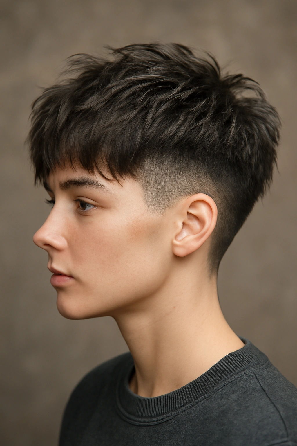 Side profile of a person with modern shag and blended undercut fade.