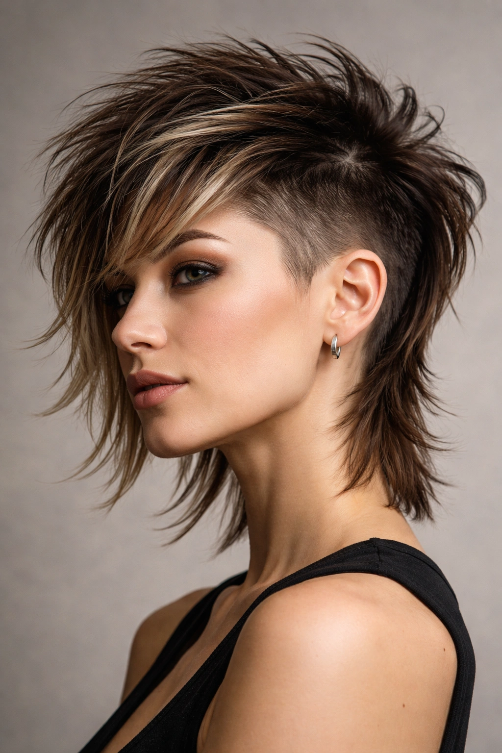 Woman with an undercut shag showing a shaved side and longer textured top