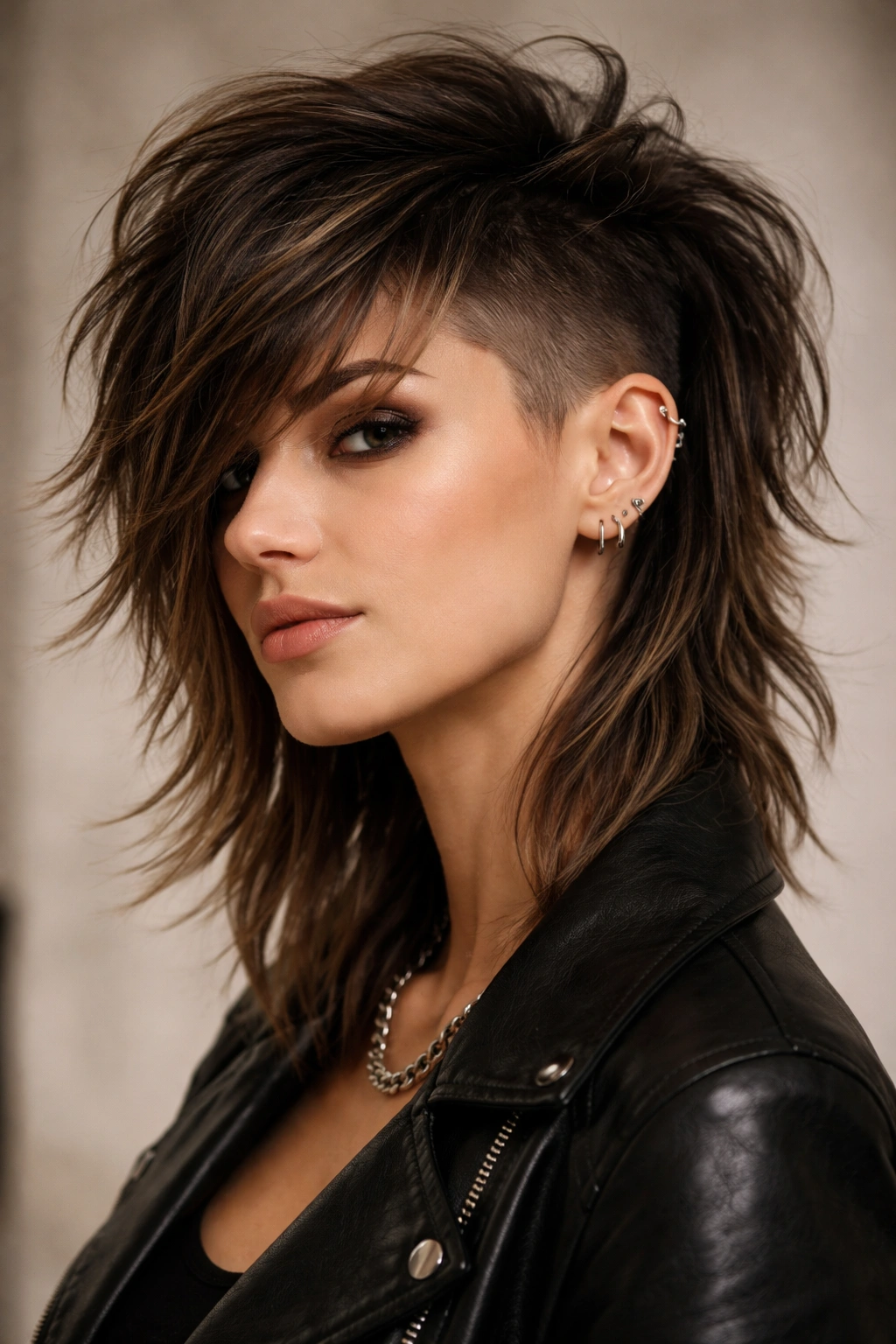 Edgy undercut shag with side bangs showing stark contrast between top and sides