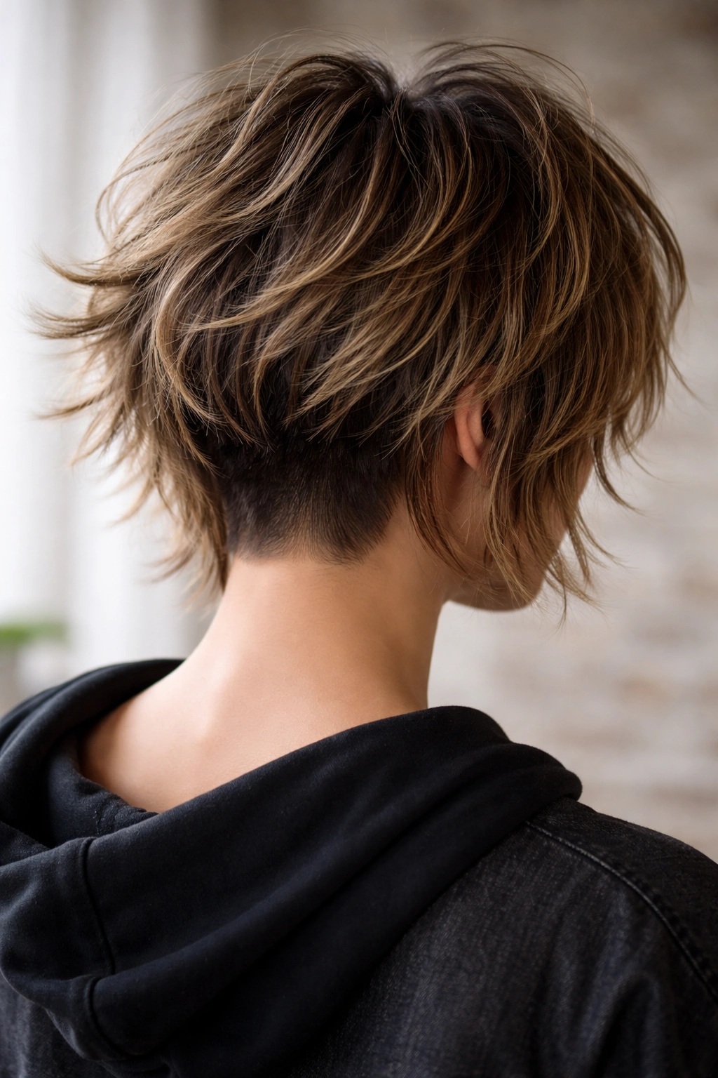 Head-and-shoulders view of undercut shag with volume at the crown