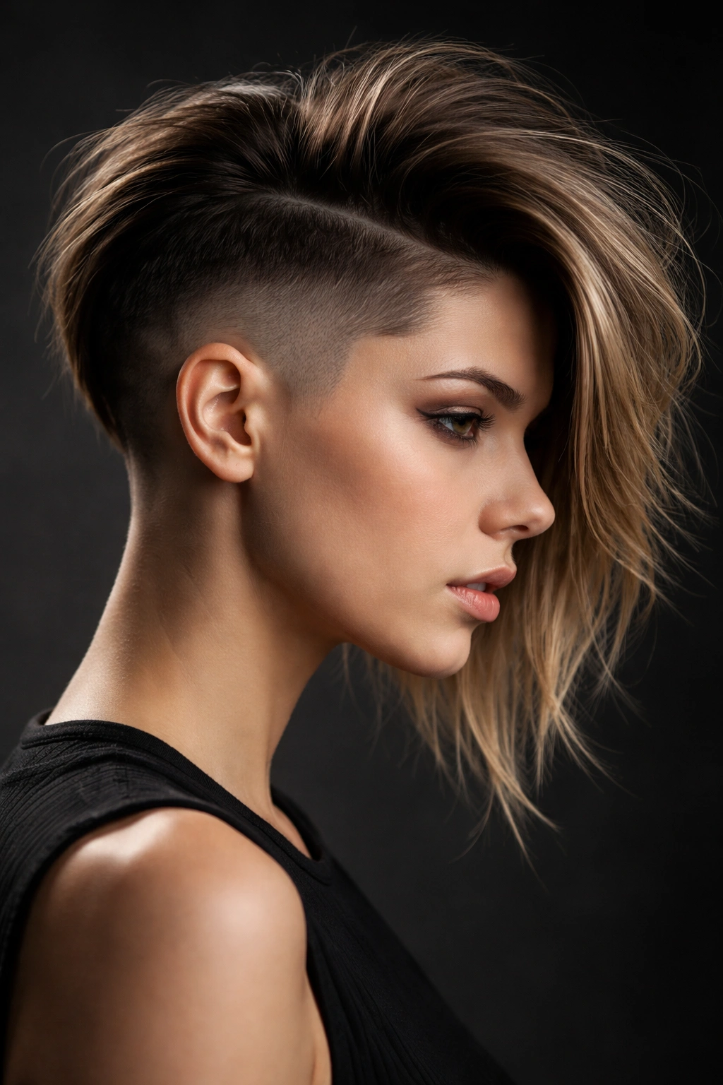 Close-up of a sharp disconnected undercut showing a dramatic shaved side and long top.