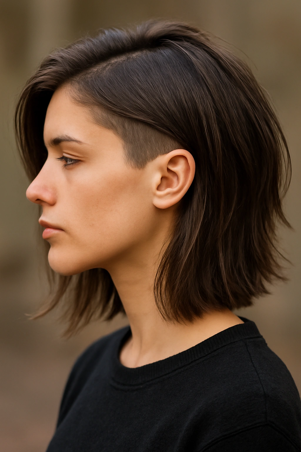 Head-and-shoulders profile of a model with a disconnected undercut and shoulder-length top.