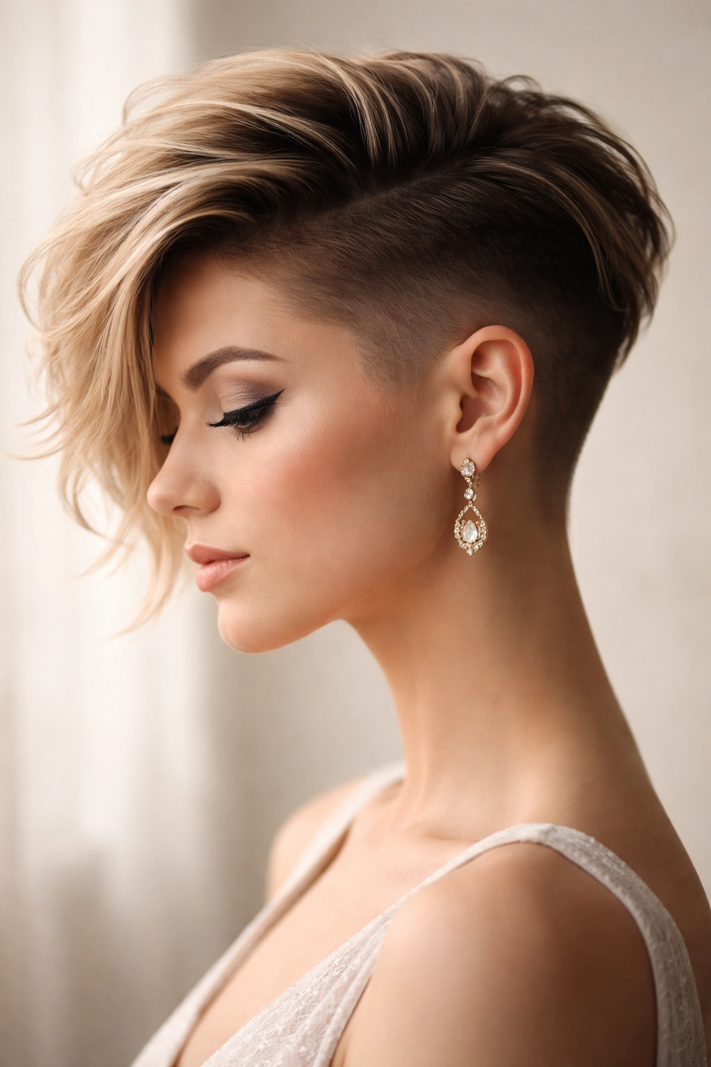 Profile view showing undercut with longer top swept to the side and contrasted shaved sides