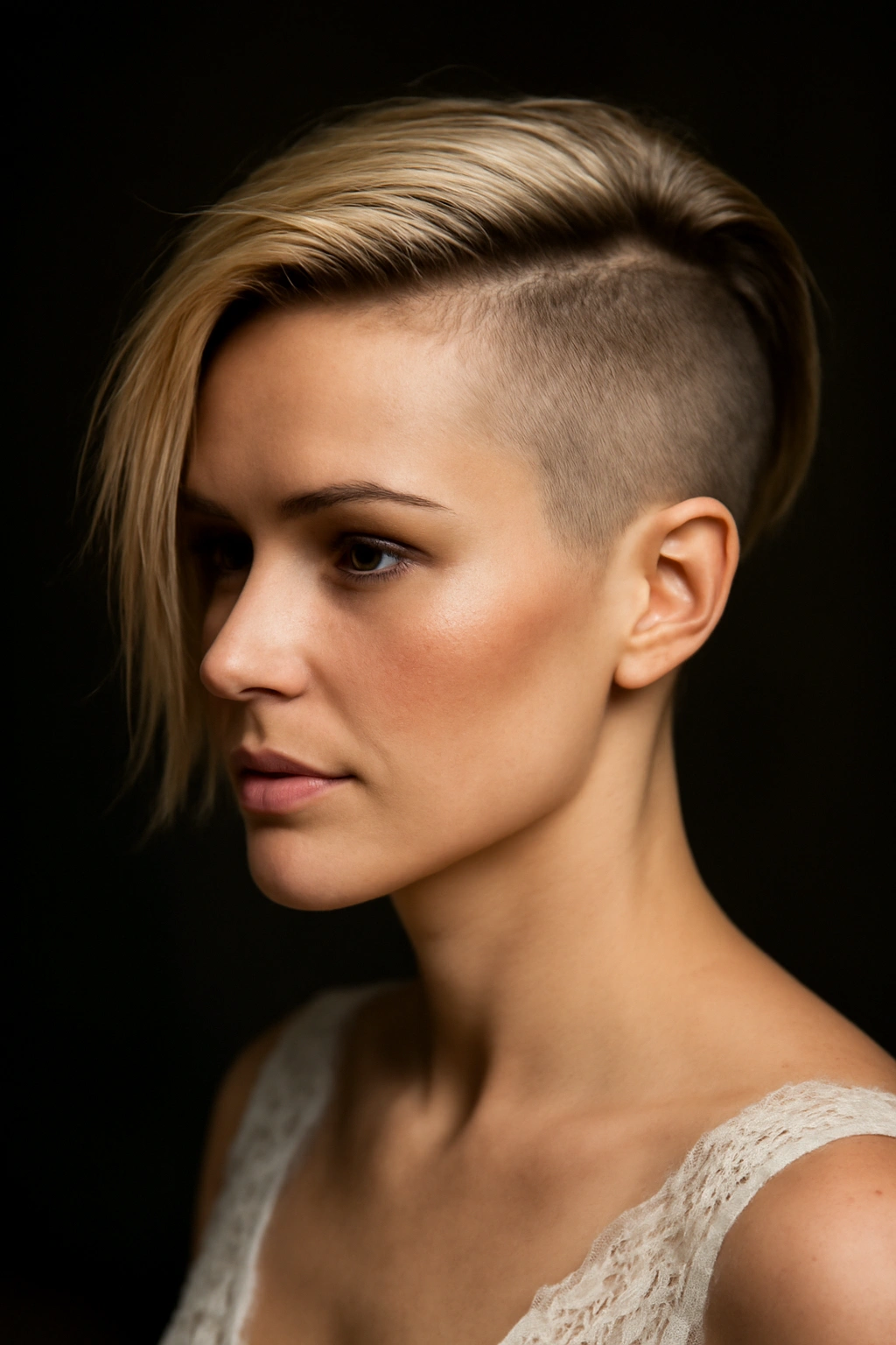 Profile view of a side-swept undercut with dramatic contrast