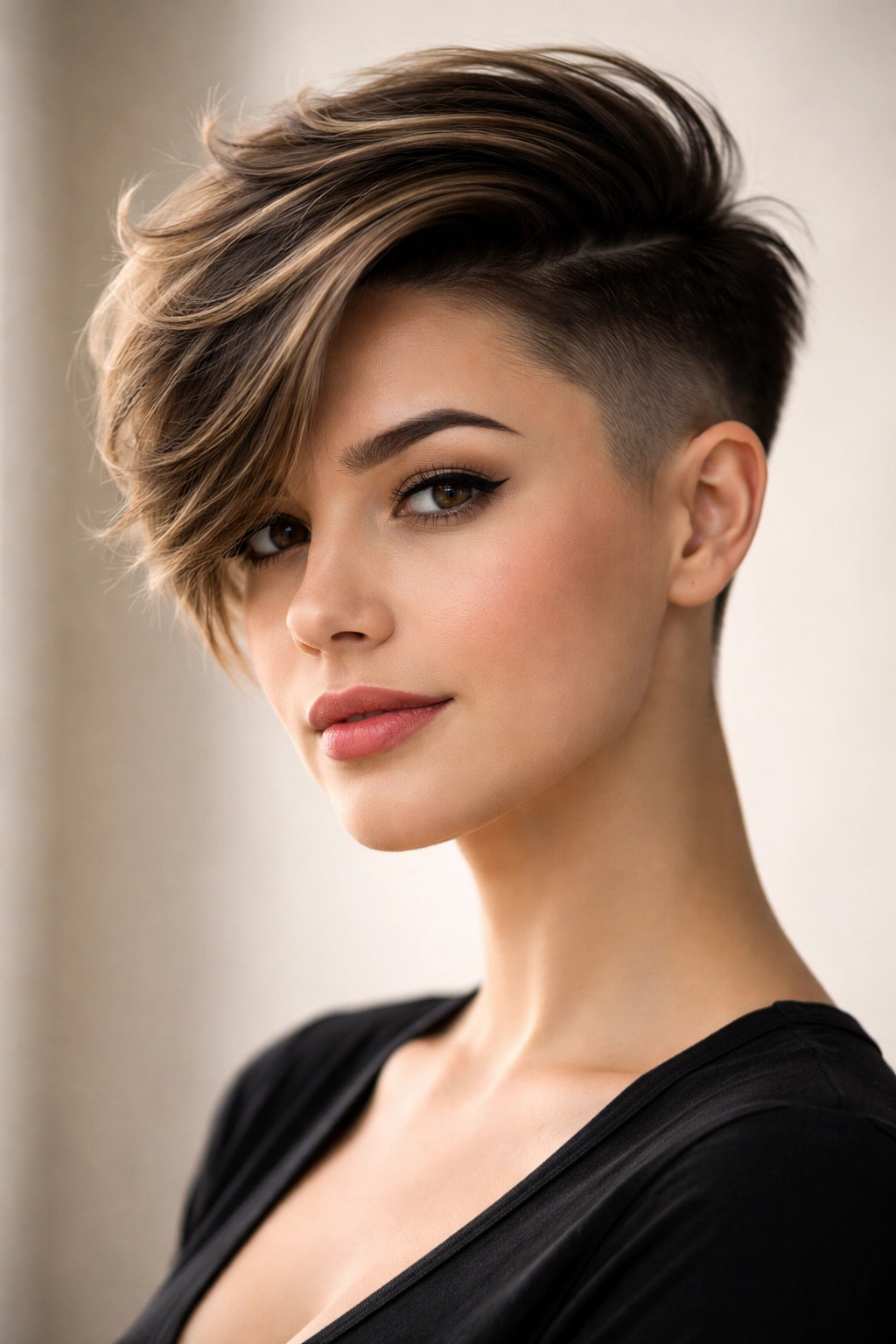 Portrait of a person with a side-swept disconnected undercut and dramatic top