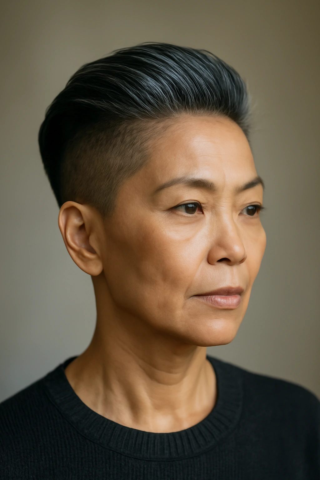 Woman with a styled-back undercut and longer top swept back for a sleek silhouette.