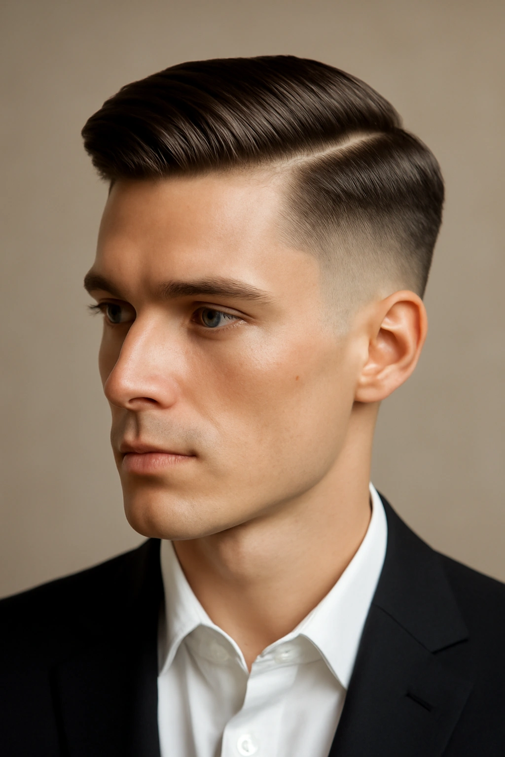 Portrait of sleek undercut with long top styled for formal look
