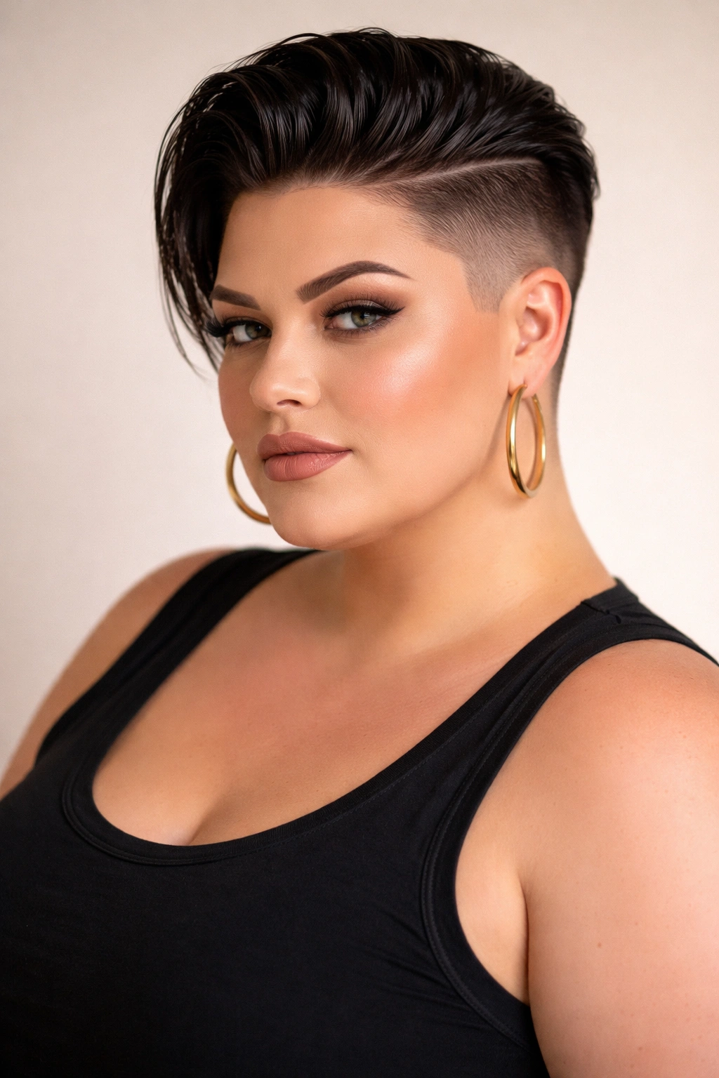 Portrait of a person with a sleek undercut and longer top, shaved sides and glossy crown in a studio.