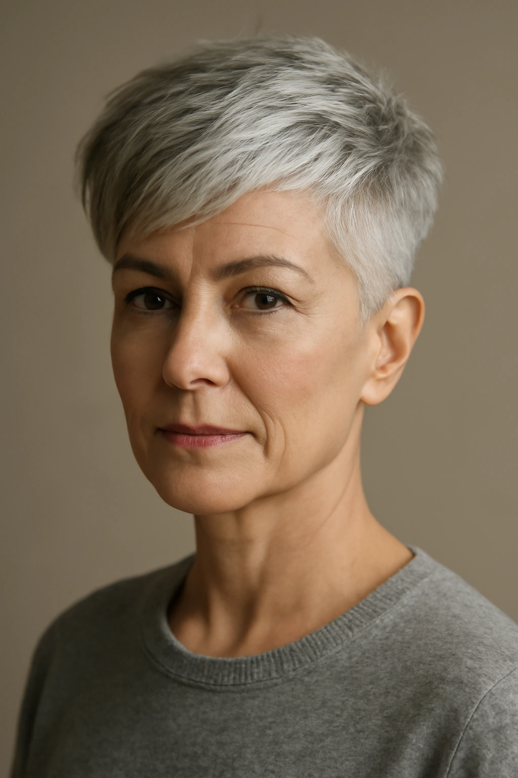 Close-up of a silver-gray-haired woman with an undercut and soft layered top