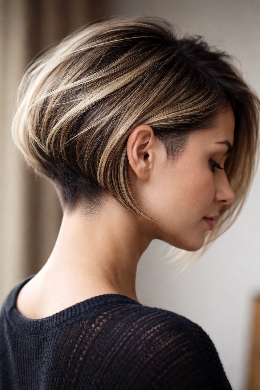 Three-quarter view of undercut stacked bob showing a distinct undercut beneath the top layers