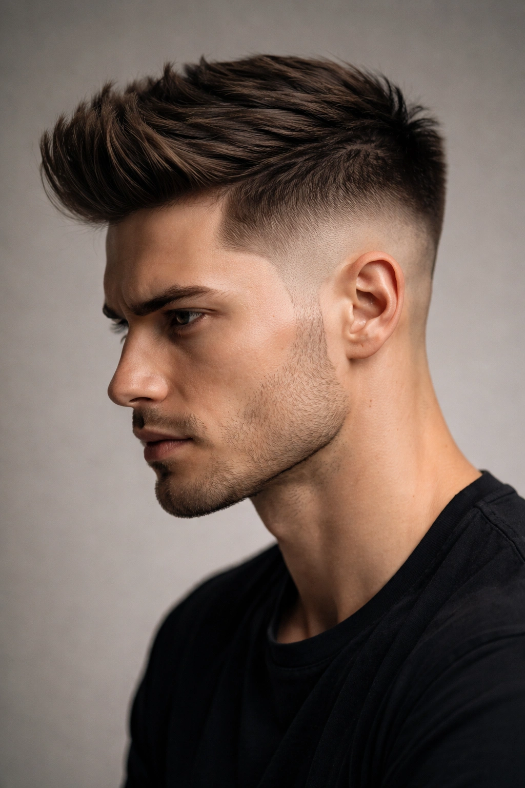 Close-up portrait of a man with extreme undercut and sharp temple definition, long top and short sides in studio lighting