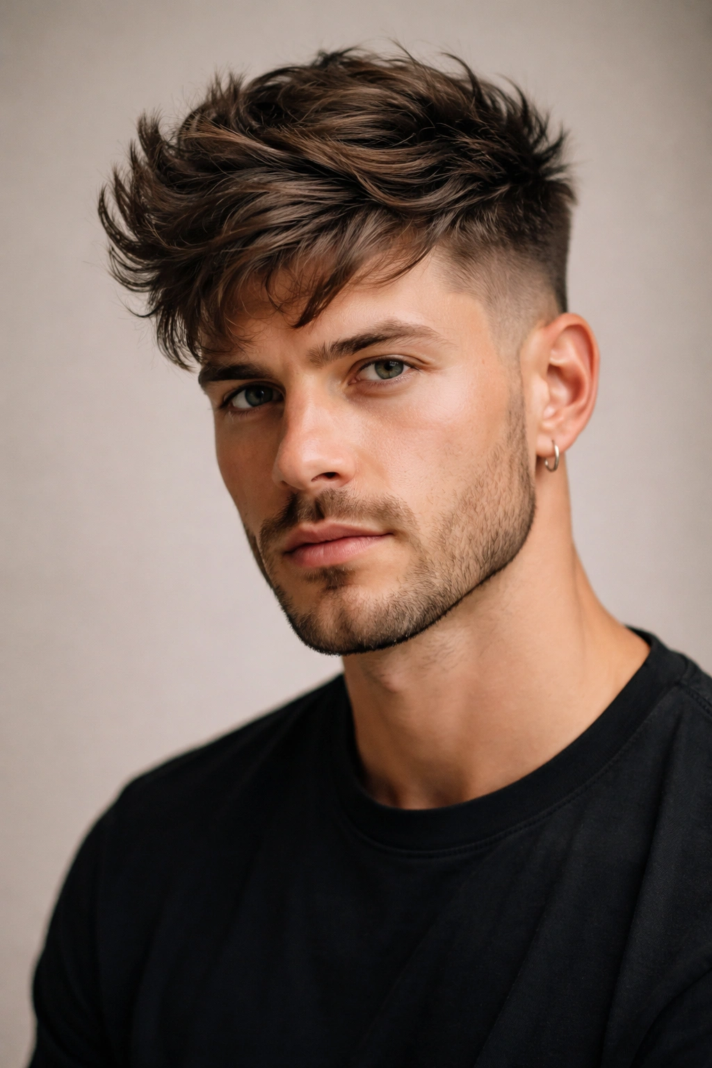 Close-up portrait showing a modern undercut with long textured top and short sides