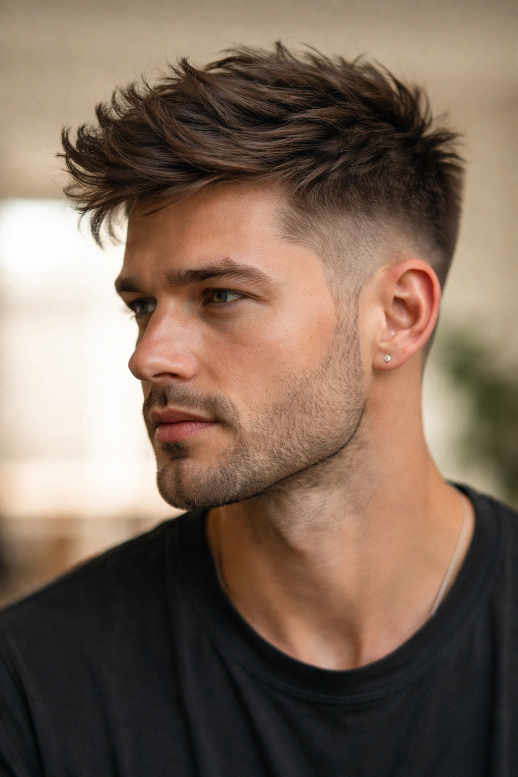 Textured undercut with tousled top on a square-faced model highlighting soft jawline