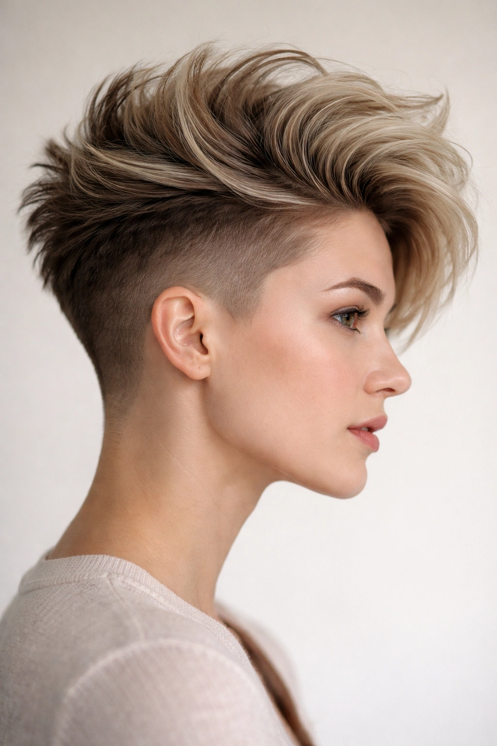 Side profile of a model with a long textured top and stark undercut