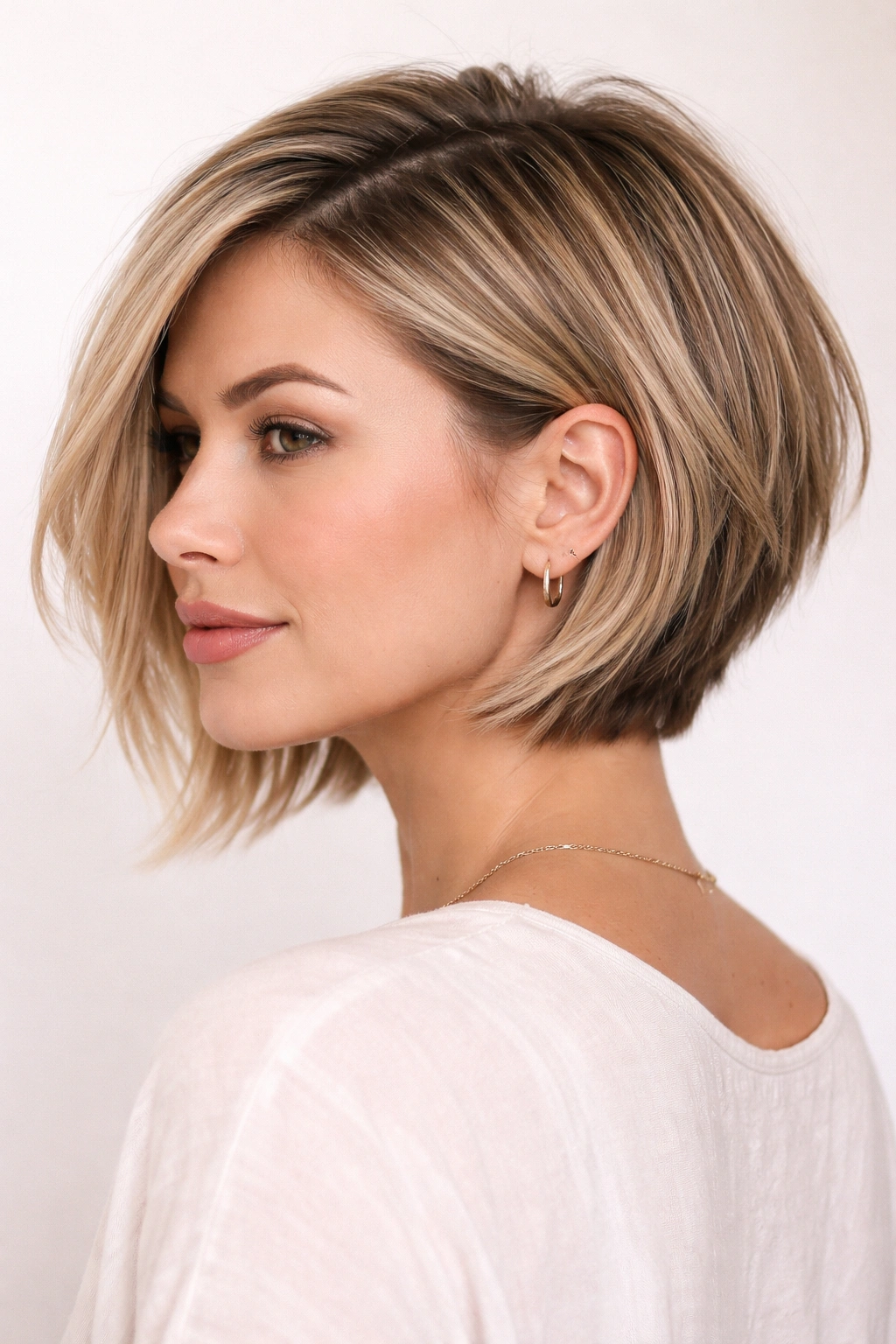 Head-and-shoulders portrait of an undercut textured bob showing underlayers for volume.