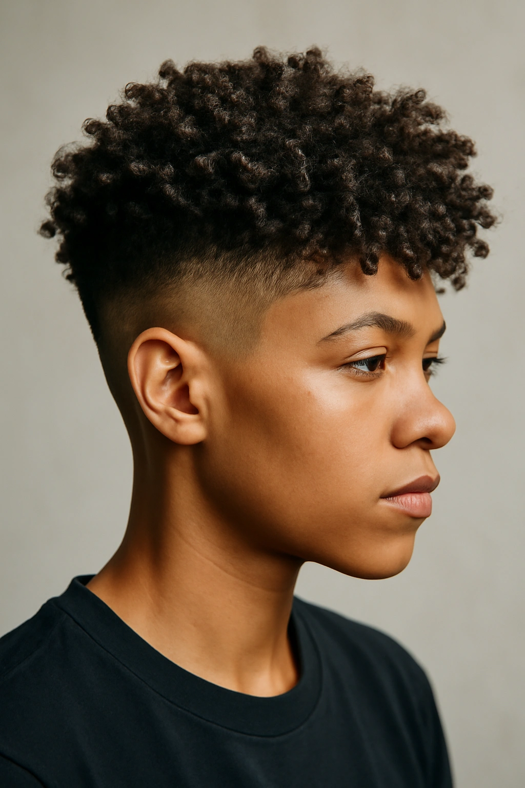 Undercut with textured crown on 3C curls showing top texture and shaved sides