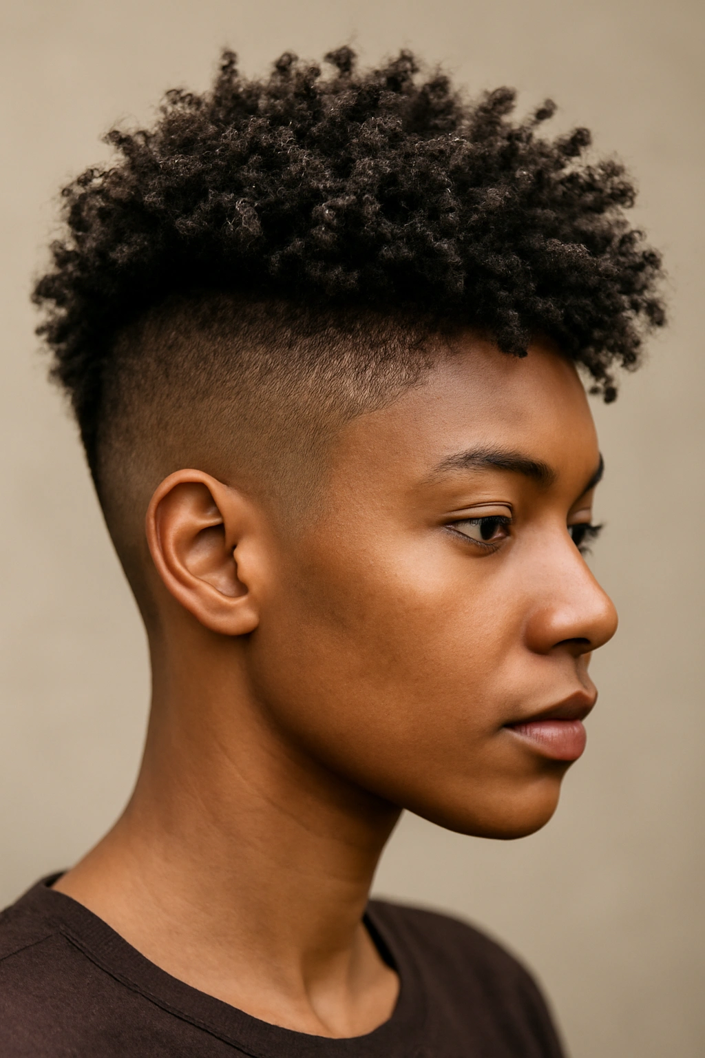 Close-up of a person with an undercut and textured crown hairstyle