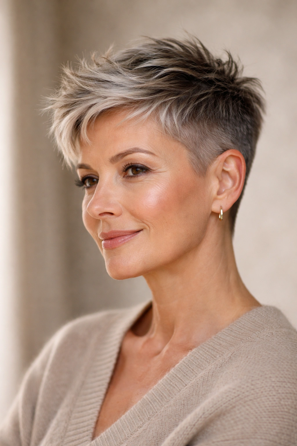Close-up of a mature woman with a cropped undercut and textured top, bold hairstyle