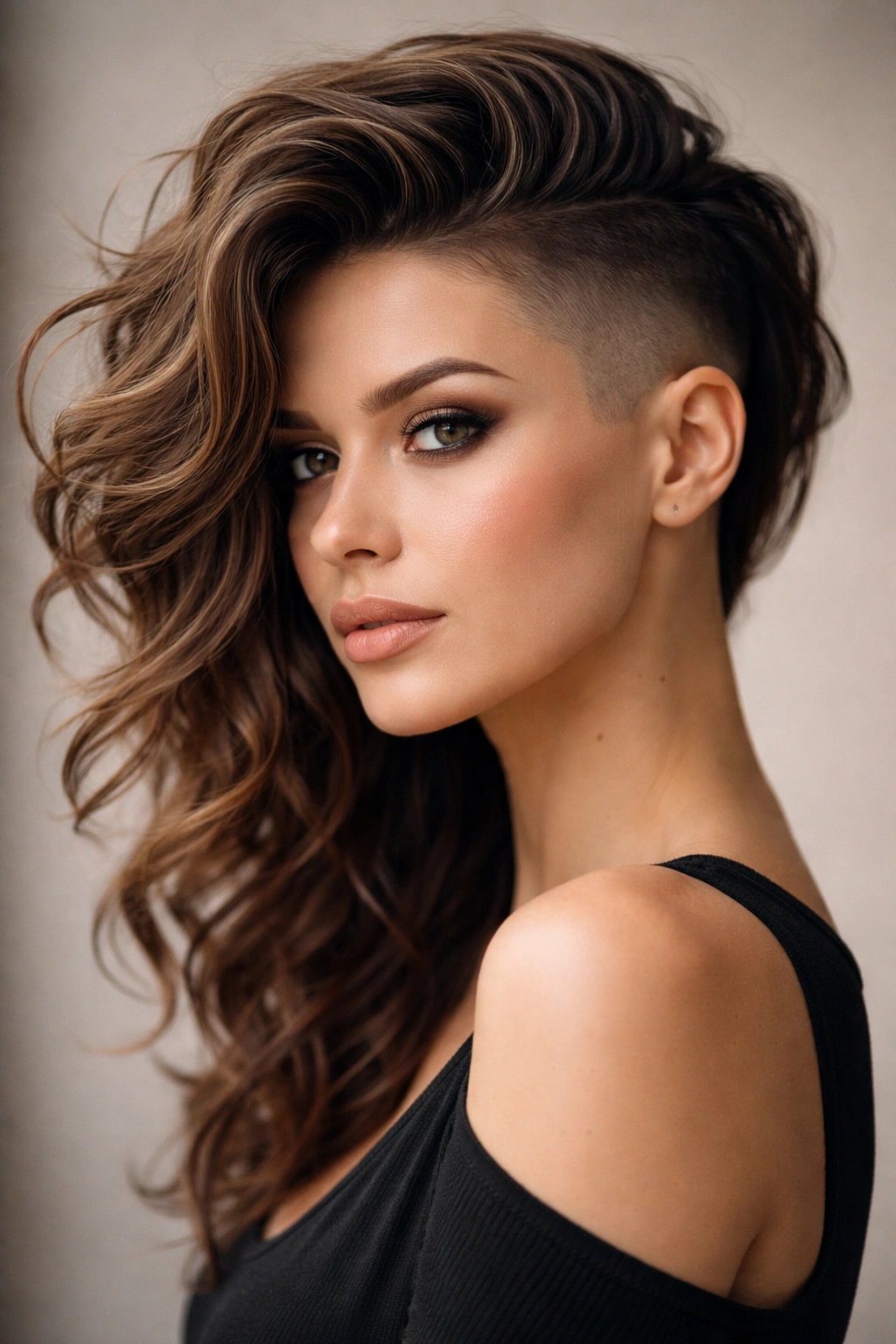 Close-up of a person with shaved sides and a voluminous textured top