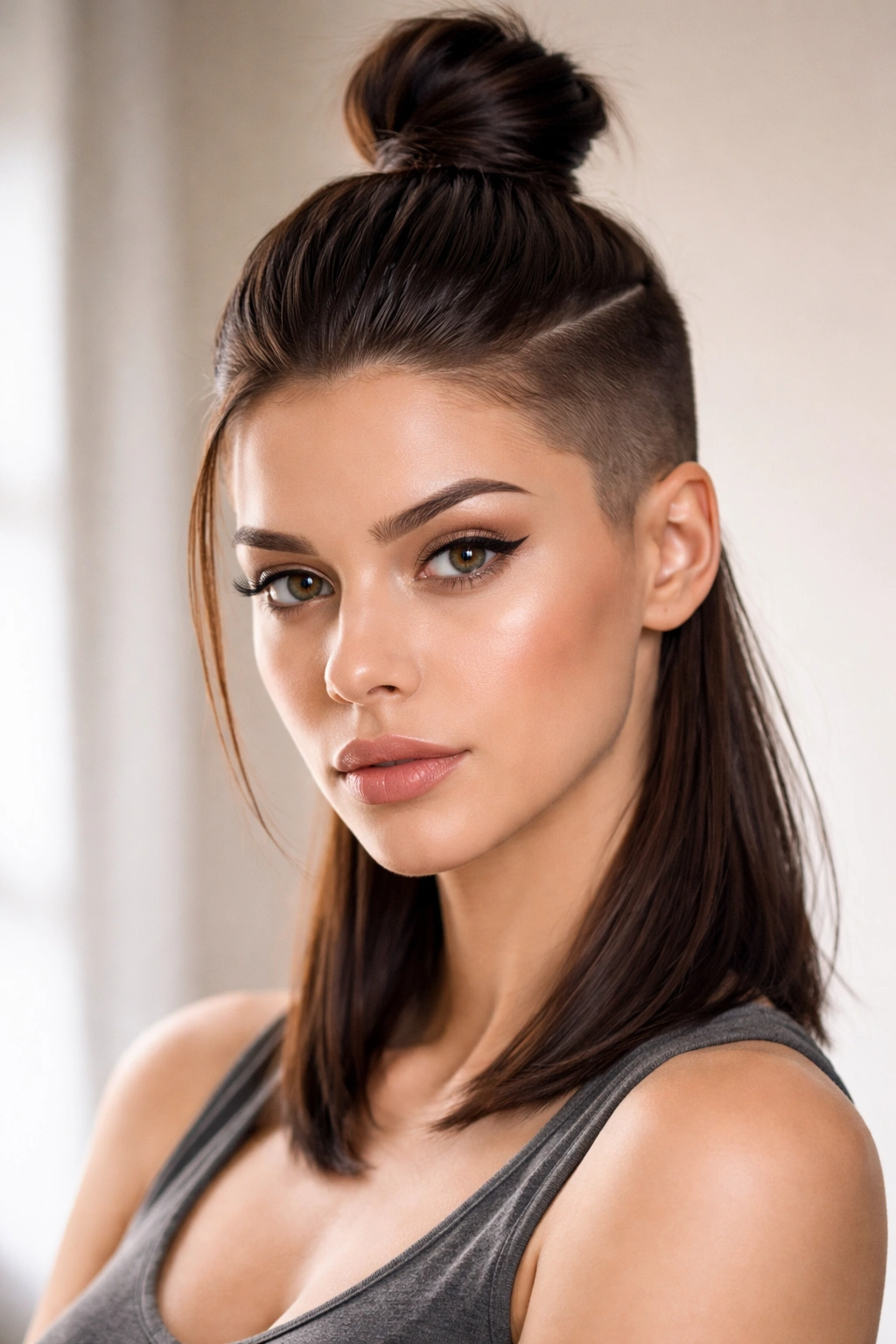 Undercut with top knot in sleek layered hair