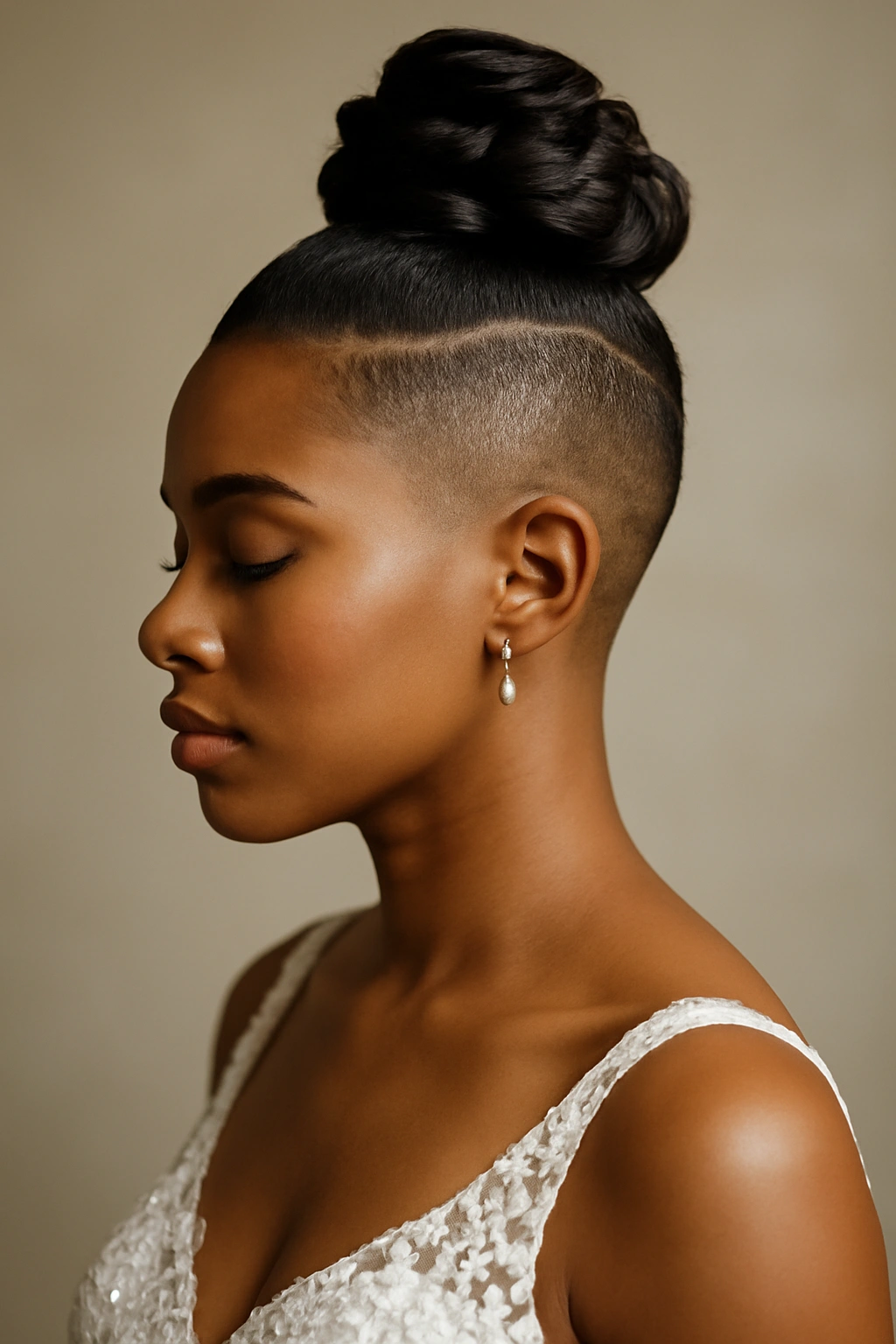Undercut with sculptural top knot bun on a bride.