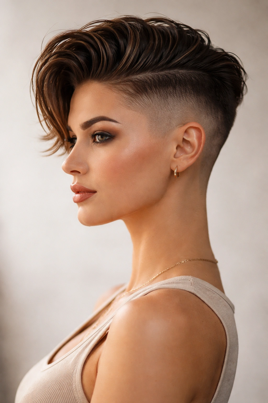 Profile of a person with an undercut showing very short sides and a long top