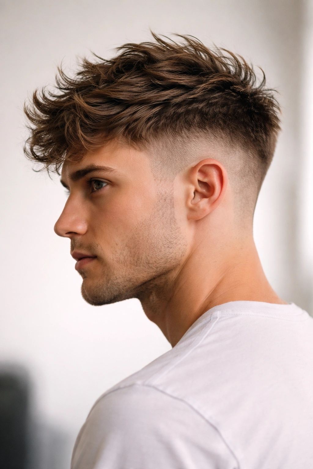 Undercut with very short sides and tousled top in a studio portrait