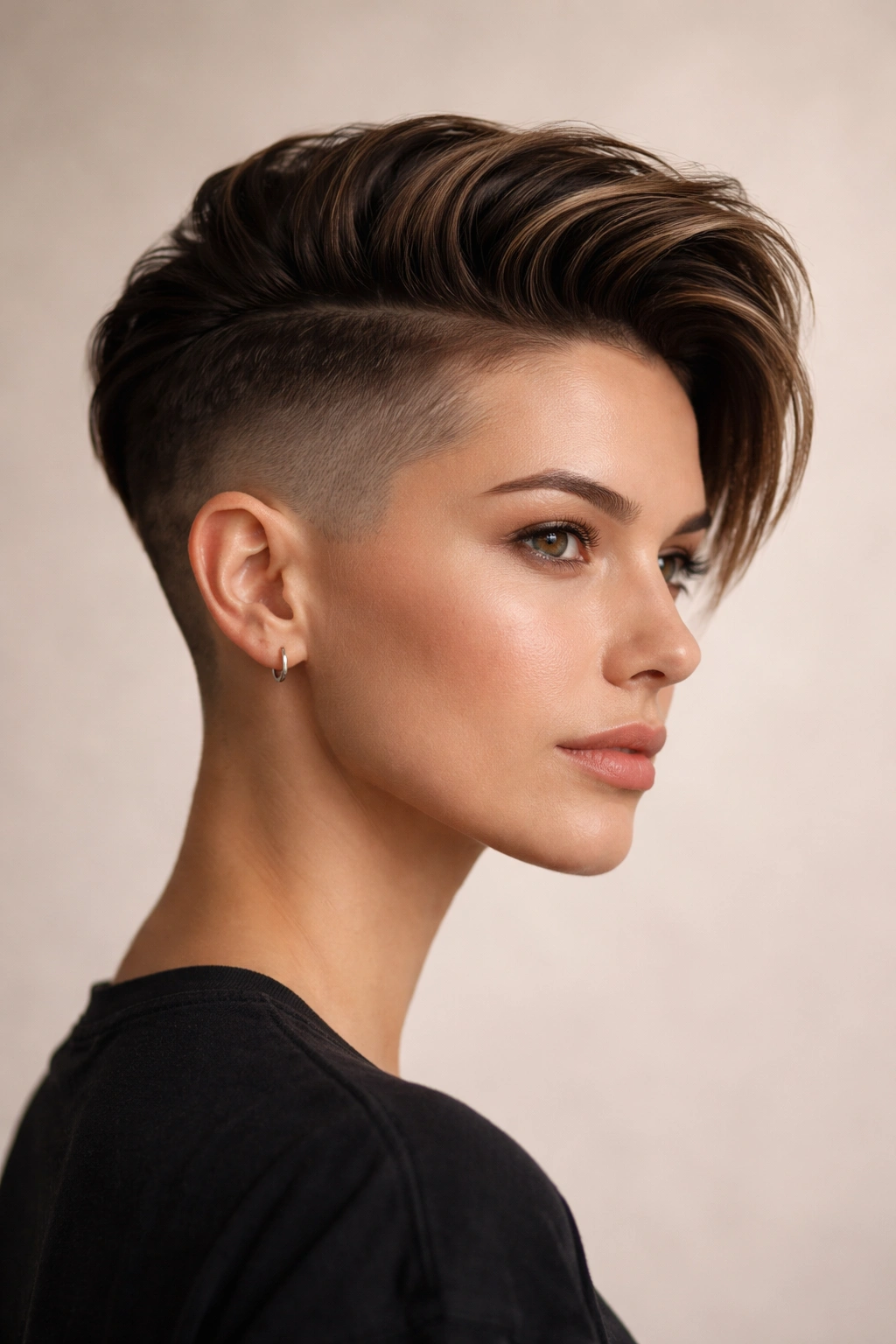 Close-up portrait of a person with an undercut showing short sides and a longer top