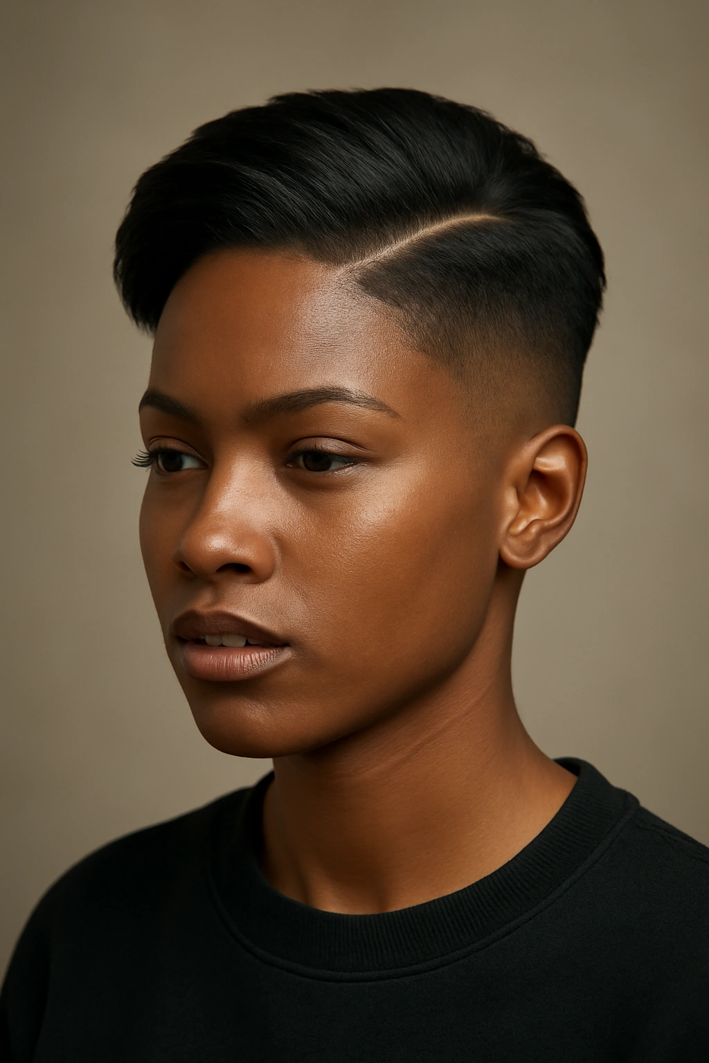 Head-and-shoulders portrait of a taper fade undercut with volume on top in a studio