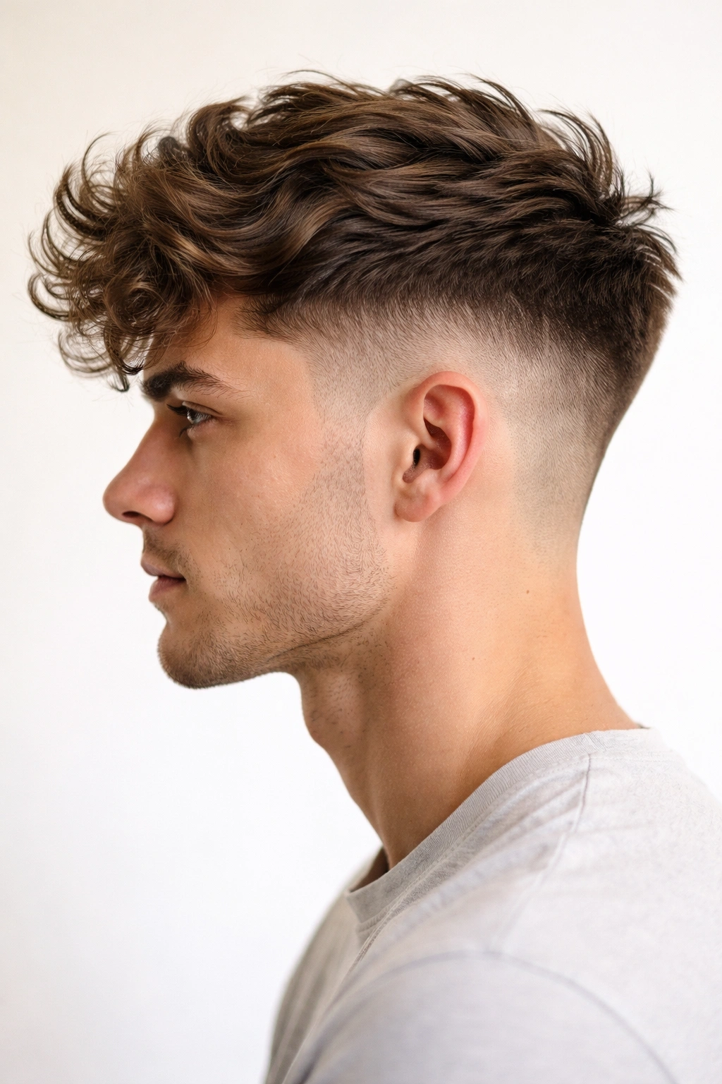 Profile view of The Disconnected Undercut showing long top and stark disconnect to short sides with visible waves