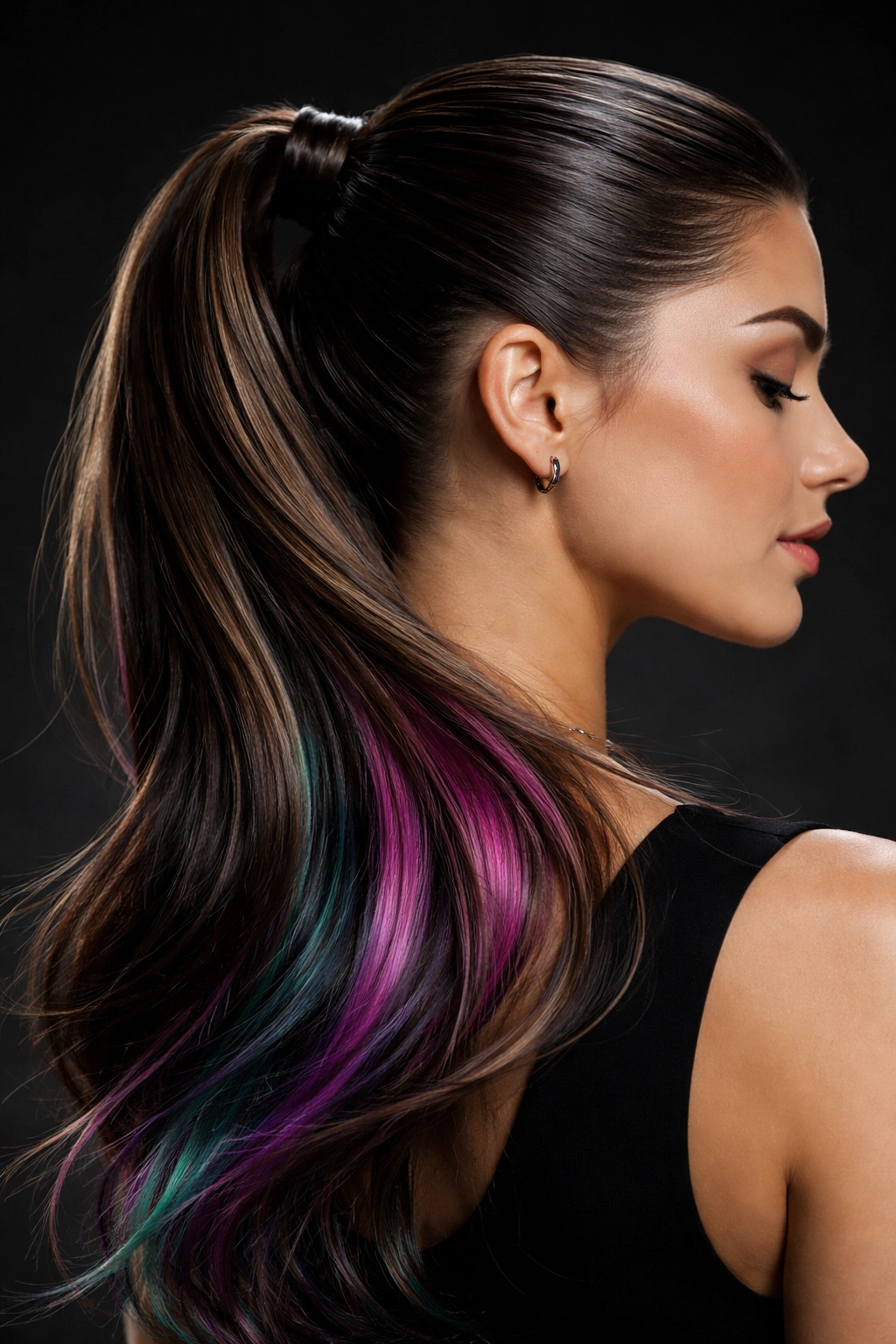 Ponytail with color on the underside visible in movement.