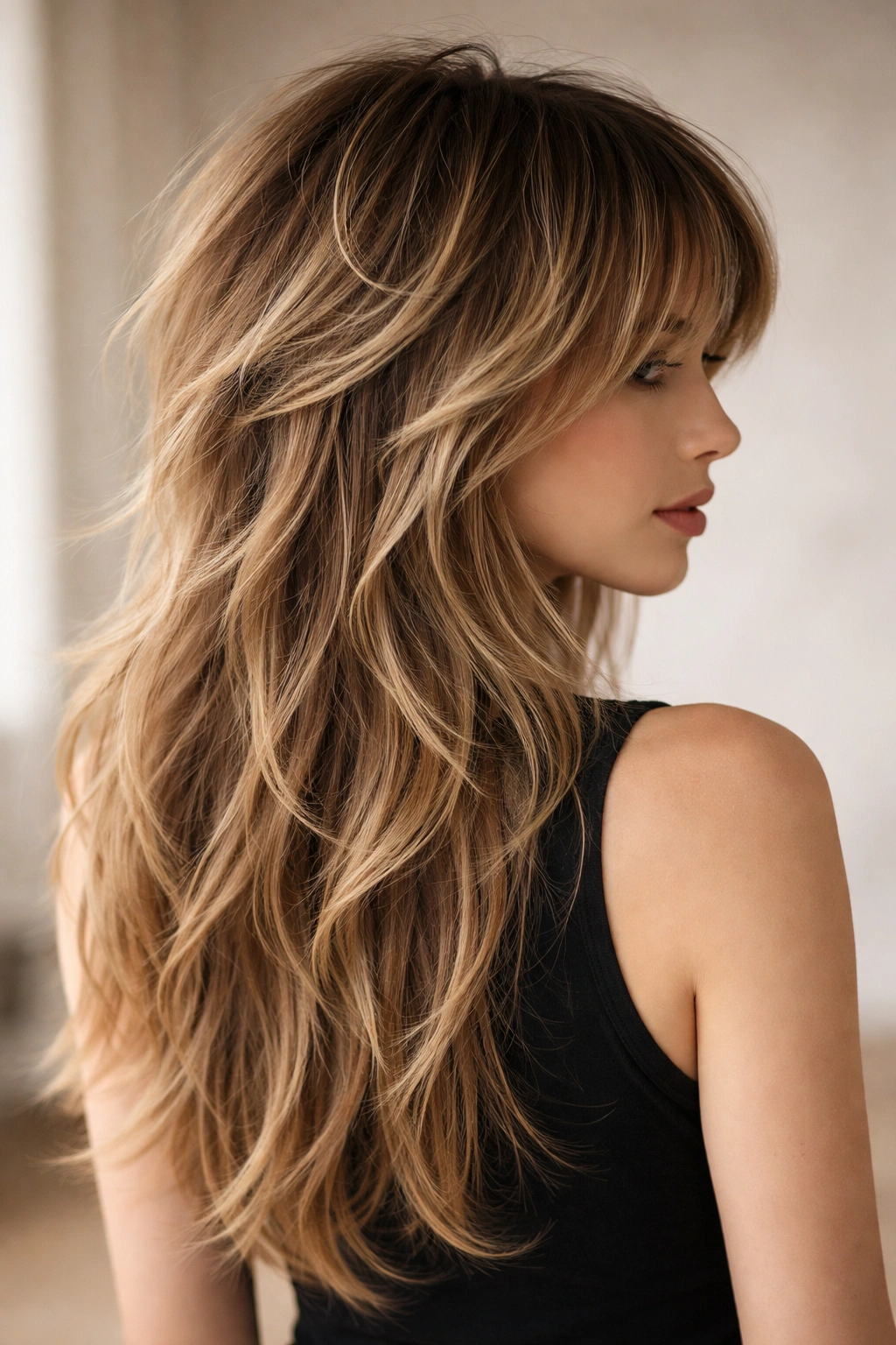 Side profile showing short textured top with longer underneath layers