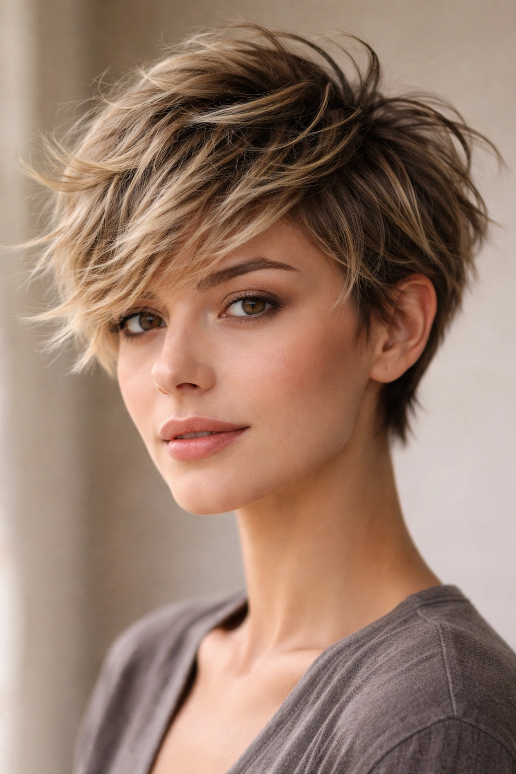 Close-up of Undone Pixie with Lots of Texture showing layered piece-y sections