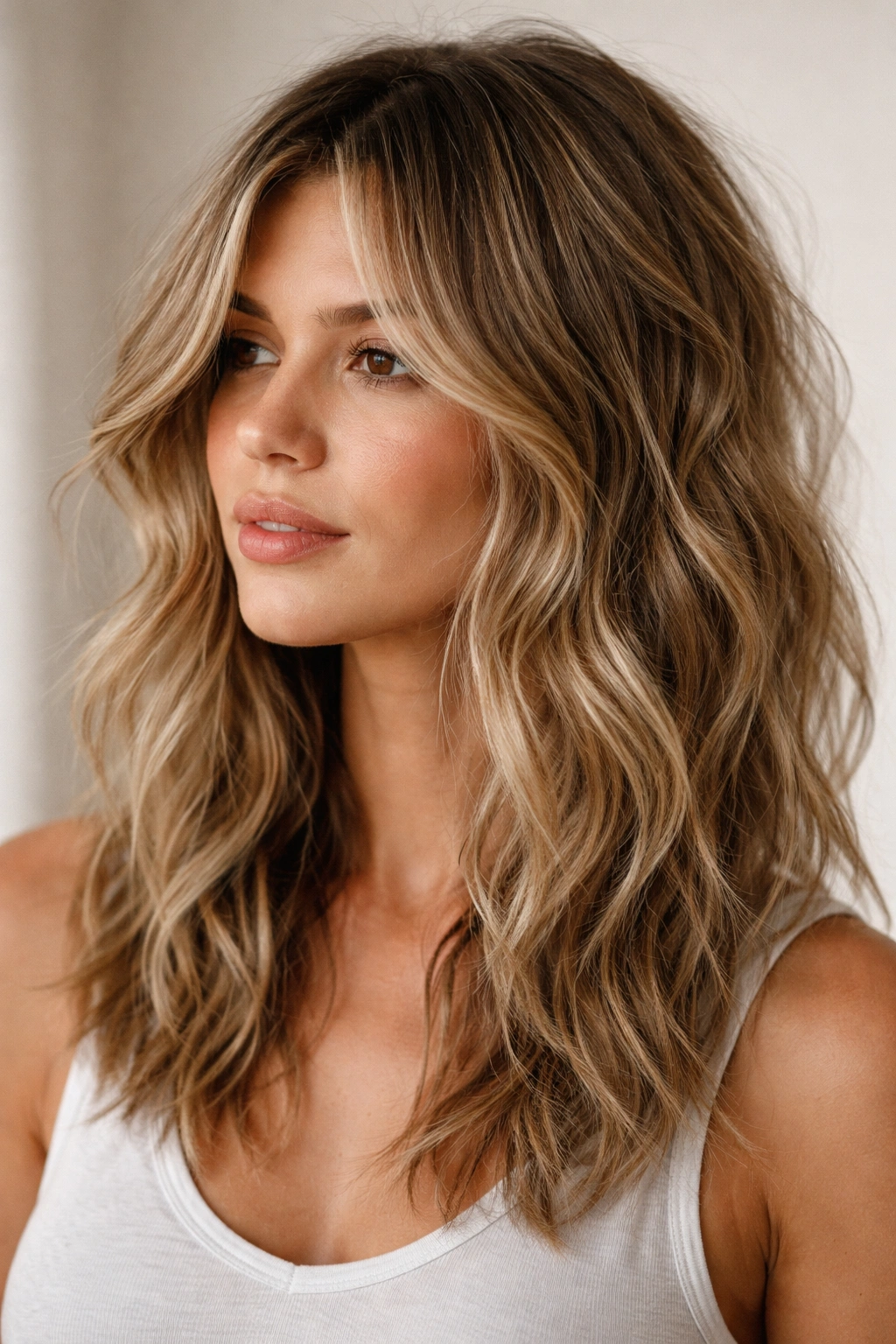 Close-up of undone textured waves with choppy layered hair texture