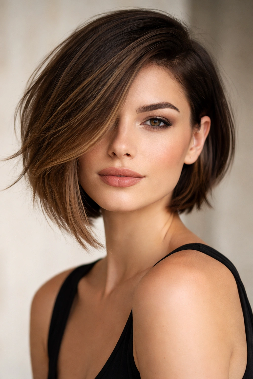 Close-up of a person with side-swept uneven bob featuring shorter and longer face-framing sides