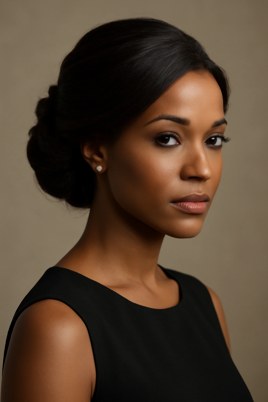 Head-and-shoulders portrait showcasing an elegant updo suitable for formal events.