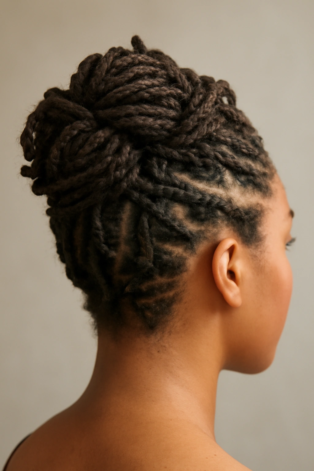 Close-up of a multi-textured updo on short dreadlocks showing twists, braids, and wraps.