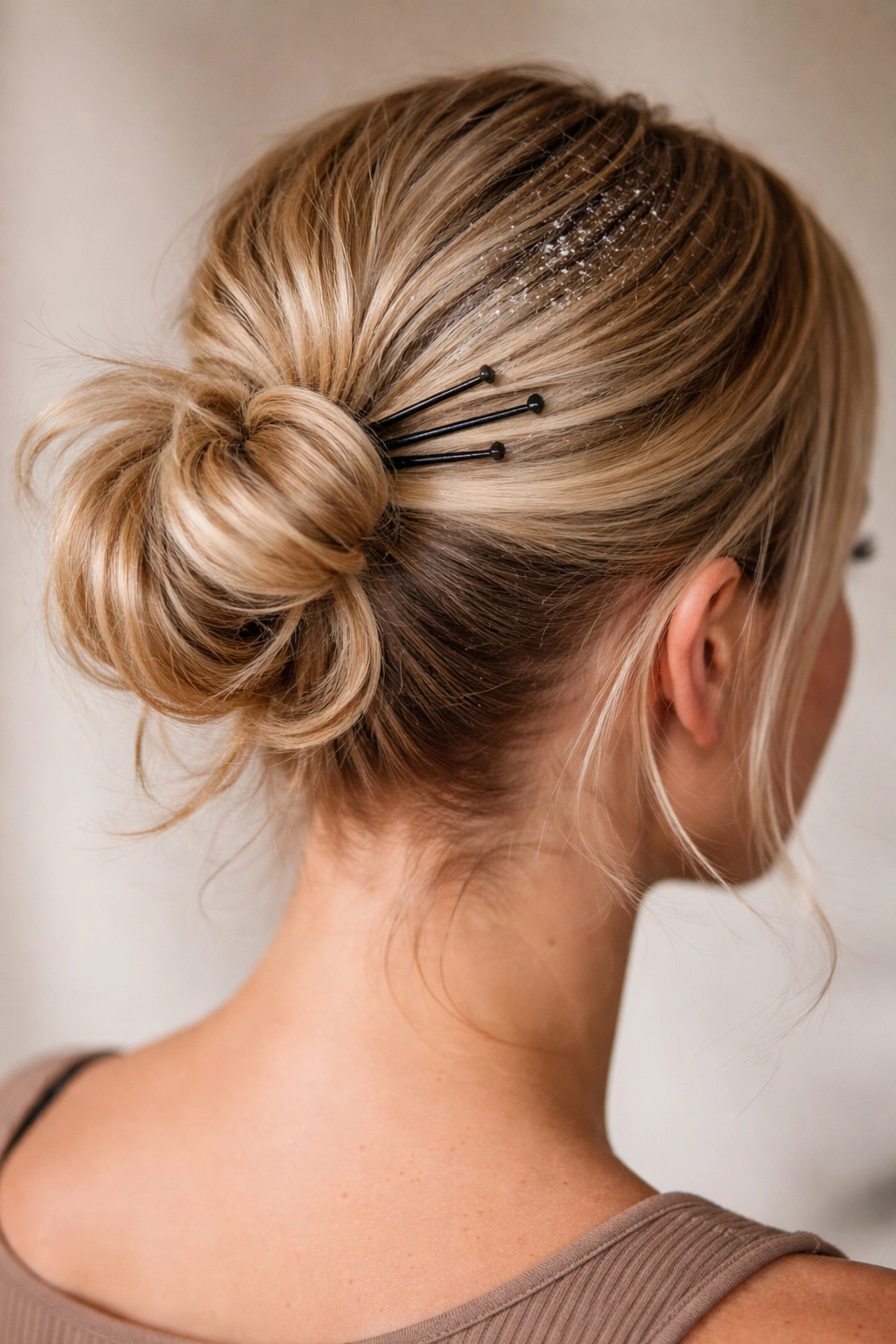 Close-up of a short hairstyle showing visible pins and excess product illustrating common mistakes